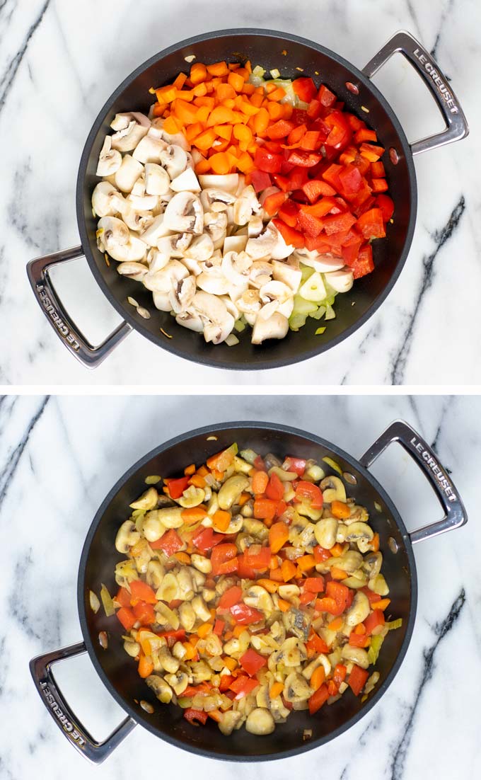Fresh ingredients (mushrooms, bell pepper, onions, garlic) are shown before and after frying.