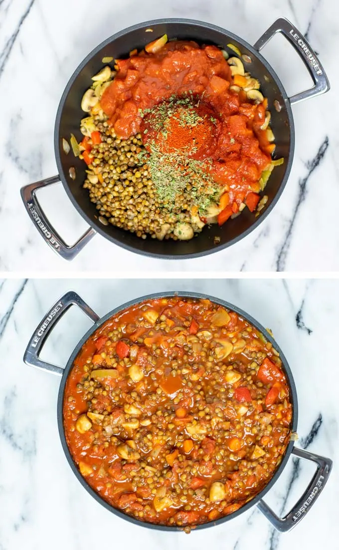 Showing how tomato sauce and seasoning are mixed with the fried vegetables.