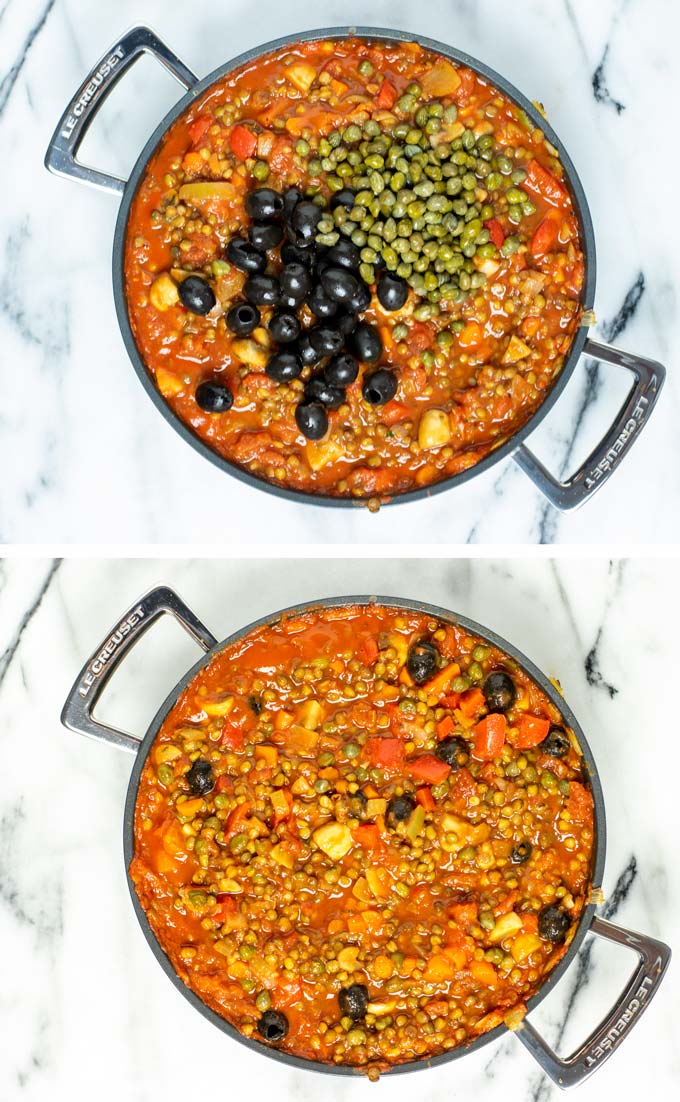 Black olives and capers are the last ingredients to be mixed into the Cacciatore.