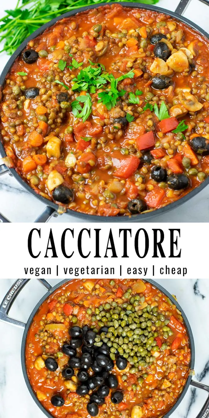 Collage of two pictures of this Cacciatore with recipe title text.