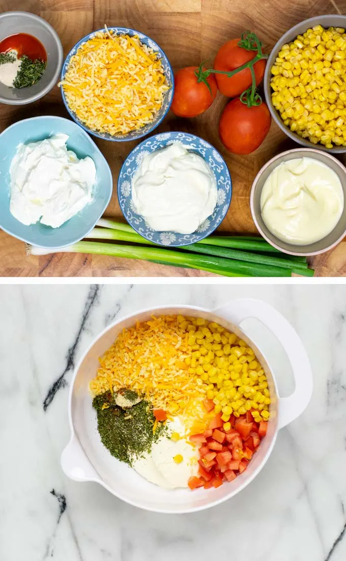 Ingredients for the Fiesta Ranch Dip assembled on a wooden board and transferred into a large mixing bowl.