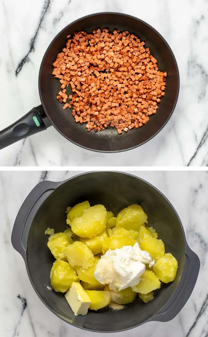 Two pictures showing fried vegan bacon cubes in a pan and the cooked potatoes with the creamy ingredients in a large mixing bowl.