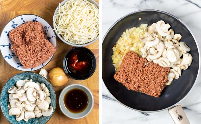 Ingredients for the Mushroom Noodles are assembled on a wooden board.