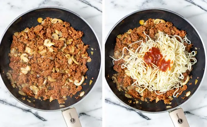 Side by side view of the fried mushrooms and vegan ground beef being mixed with leftover pasta.