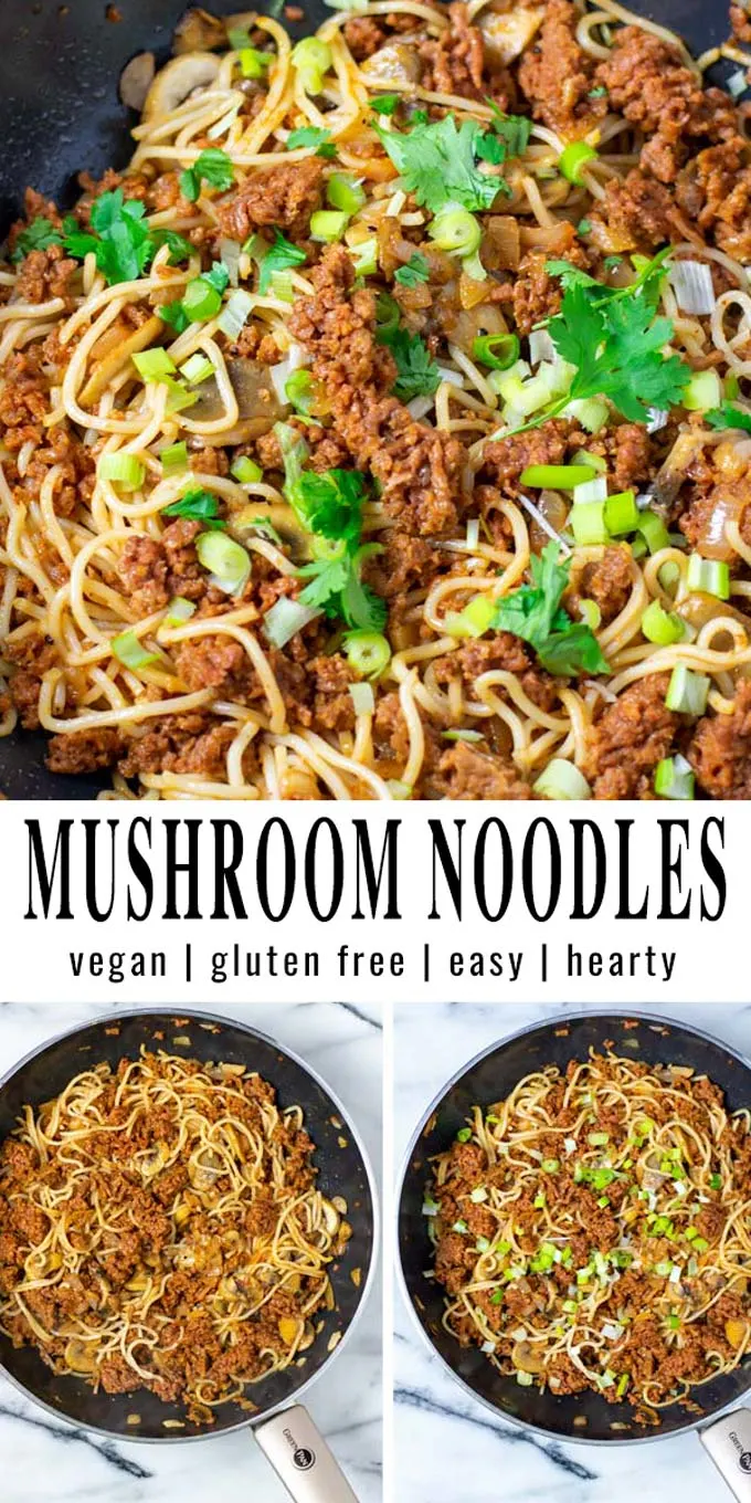 Collage of two pictures of the Mushroom Noodles with recipe title text.