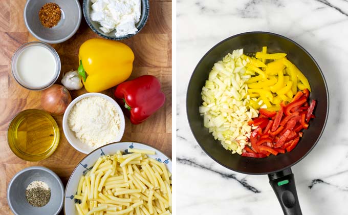 Ingredients for the Pasta Primavera assembled on a wooden board.