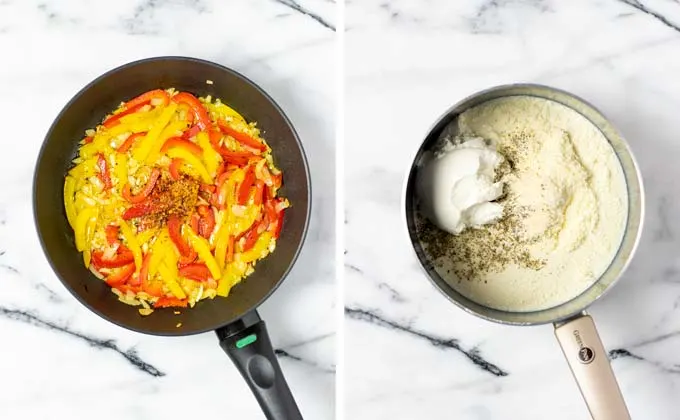 Side by side view of bell pepper stripes being fried in a pan, and the sauce ingredients transferred into a sauce pan.