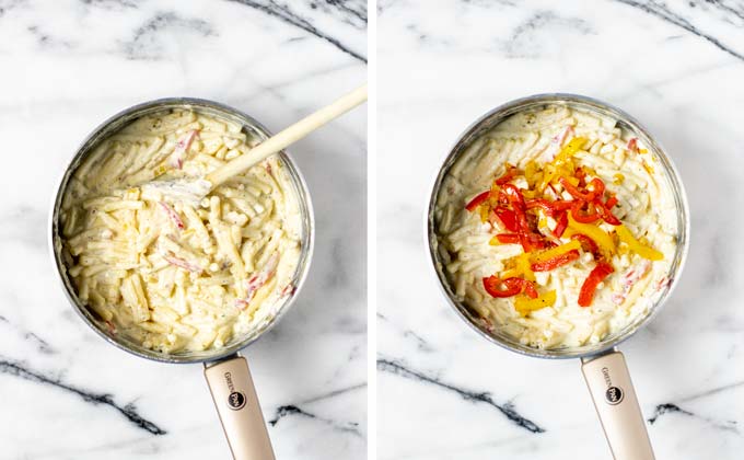 Some extra bell pepper is given over the mixed Pasta Primavera.