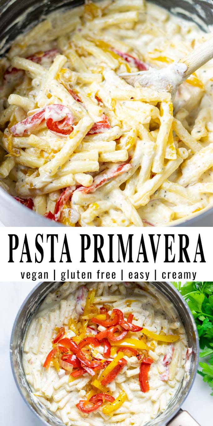 Collage of two pictures of the Pasta Primavera with recipe title text.