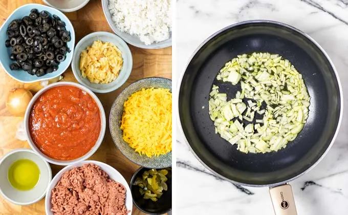 Ingredients needed for the Rice Dish is assembled on a wooden board.