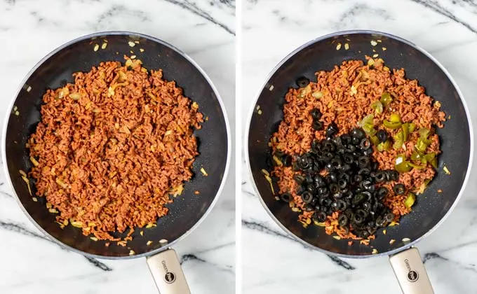 Vegan ground beef and black beans are fried in a pan.