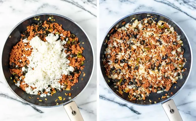 Precooked leftover rice is added to the bean and ground beef mixture in the pan.