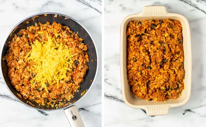 Shredded vegan cheddar is mixed with the rice and transferred to a casserole dish.