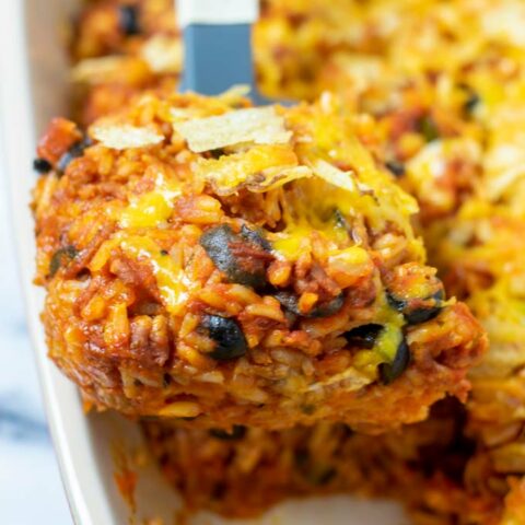 View of a portion of the Rice Dish as it is being lifted from the casserole.