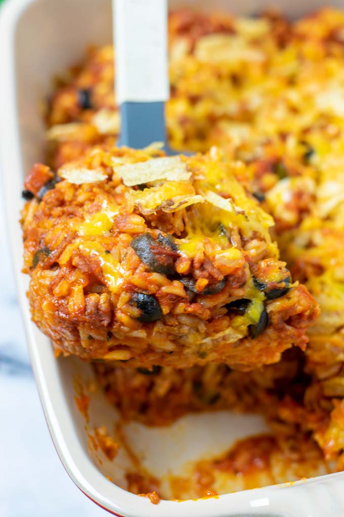 View of a portion of the Rice Dish as it is being lifted from the casserole.