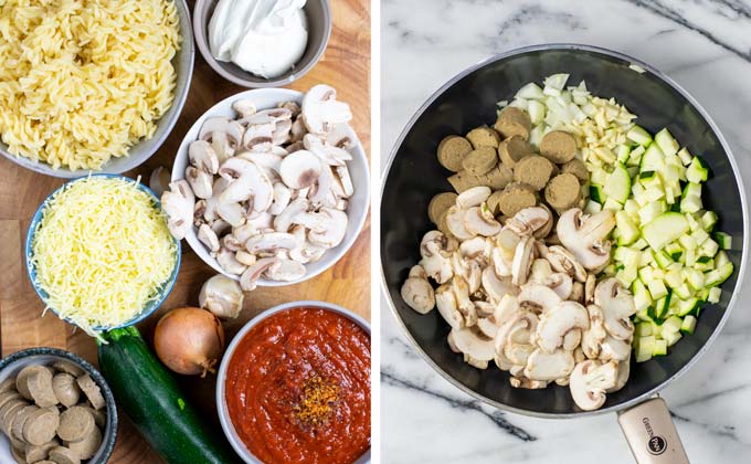 Ingredients for this Zucchini Pasta recipe are assembled in small bowls on a wooden board.