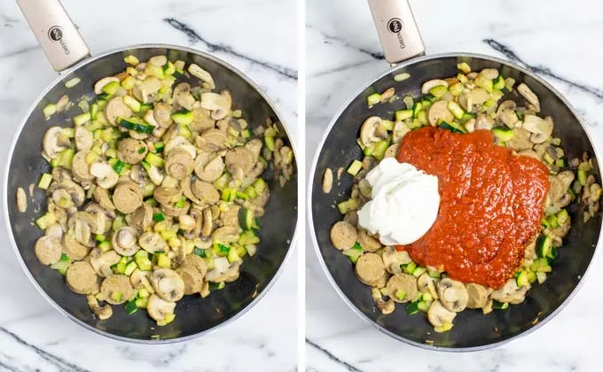 Vegan sausage, onions, zucchini, and mushrooms are fried in a pan, then mixed with tomato sauce and cream cheese.