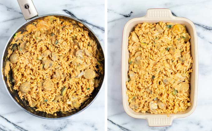 Zucchini Pasta is transferred from the pan to a casserole dish.