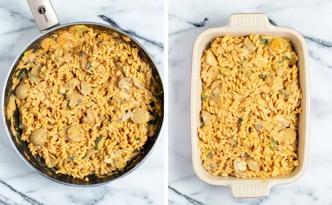 Zucchini Pasta is transferred from the pan to a casserole dish.