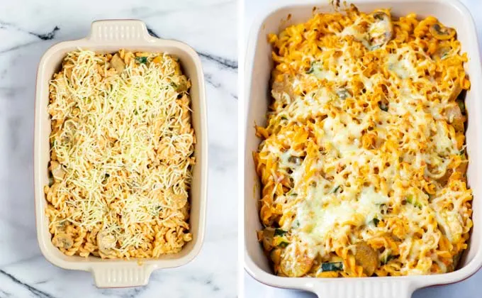 Showing the Zucchini Pasta covered with vegan cheese before and after baking.