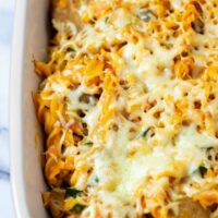 Closeup of the Zucchini Pasta in the casserole dish.