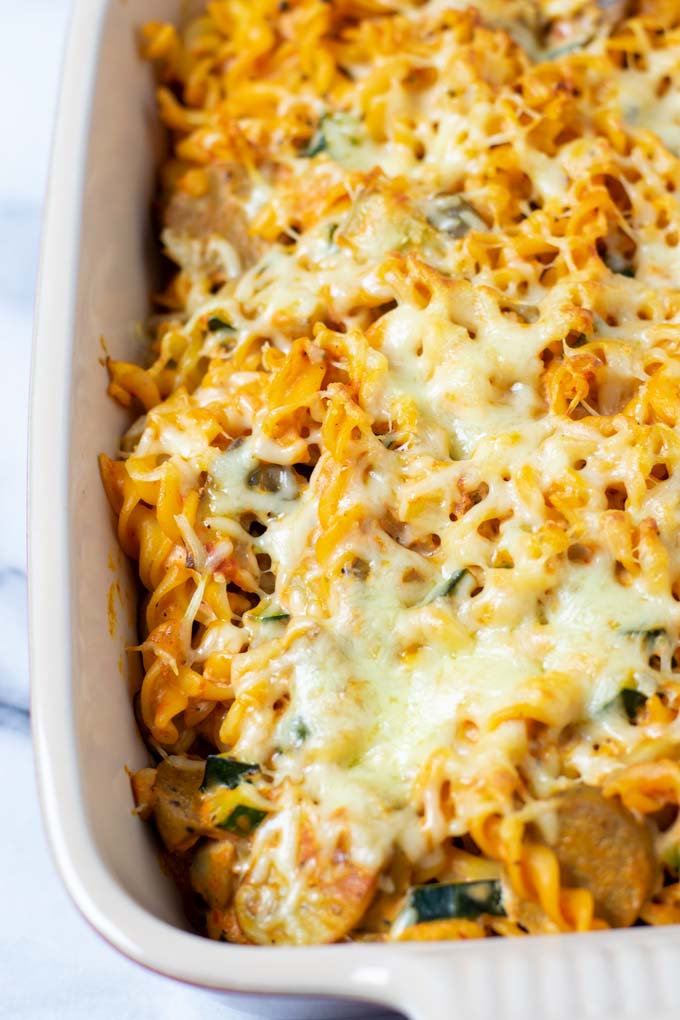 Closeup of the Zucchini Pasta in the casserole dish.