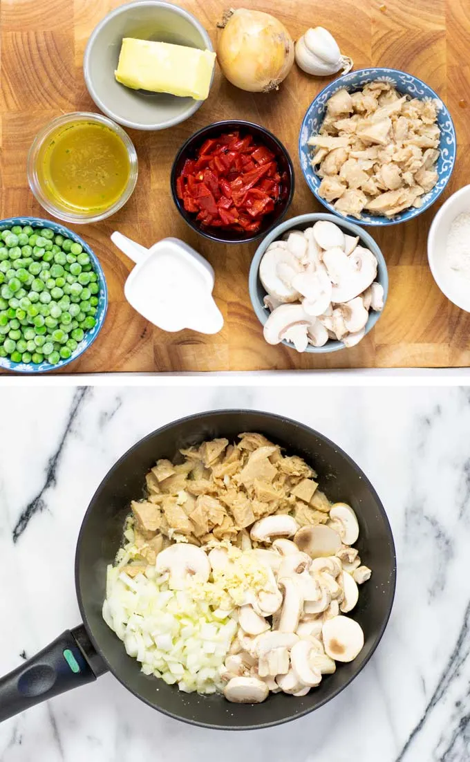 Ingredients for the Chicken a la king are assembled on a wooden board.