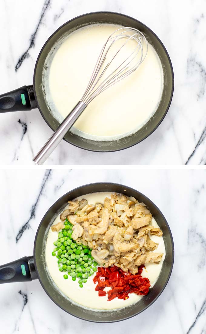 Showing the creamy white sauce in a sauce pan and how the prewired vegan chicken, peas and pimento are added.