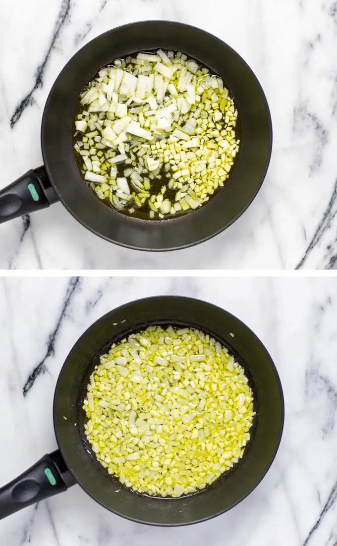 Before and after pictures of diced onions and garlic being fried.