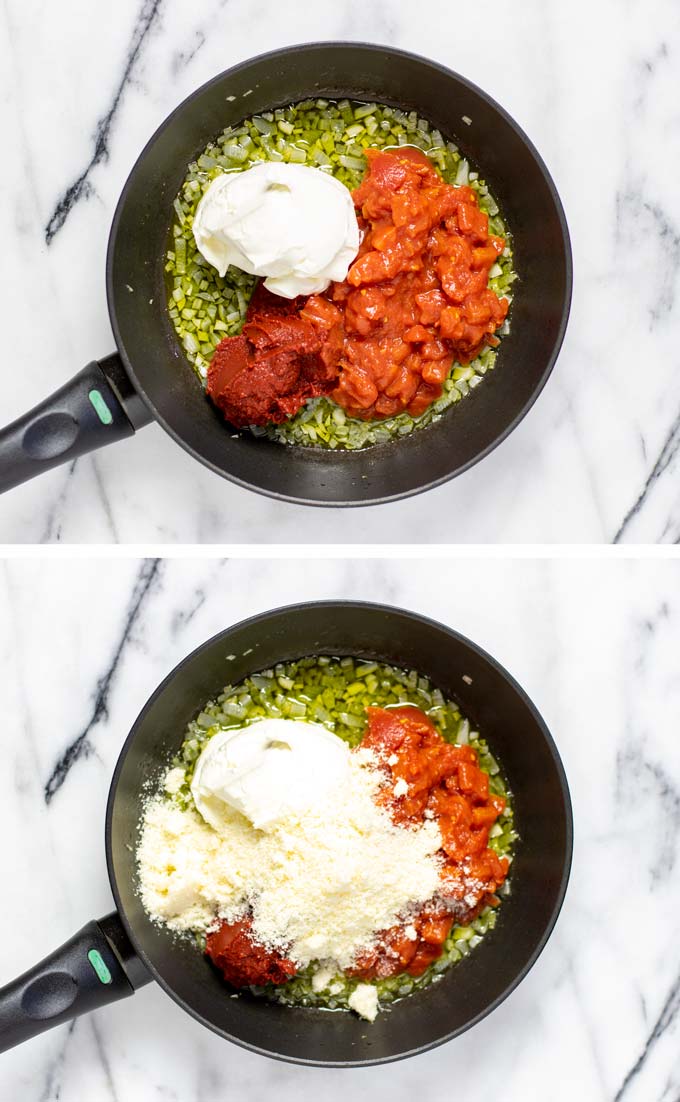 Showing how vegan cream cheese, and parmesan are mixed into the tomato base. 