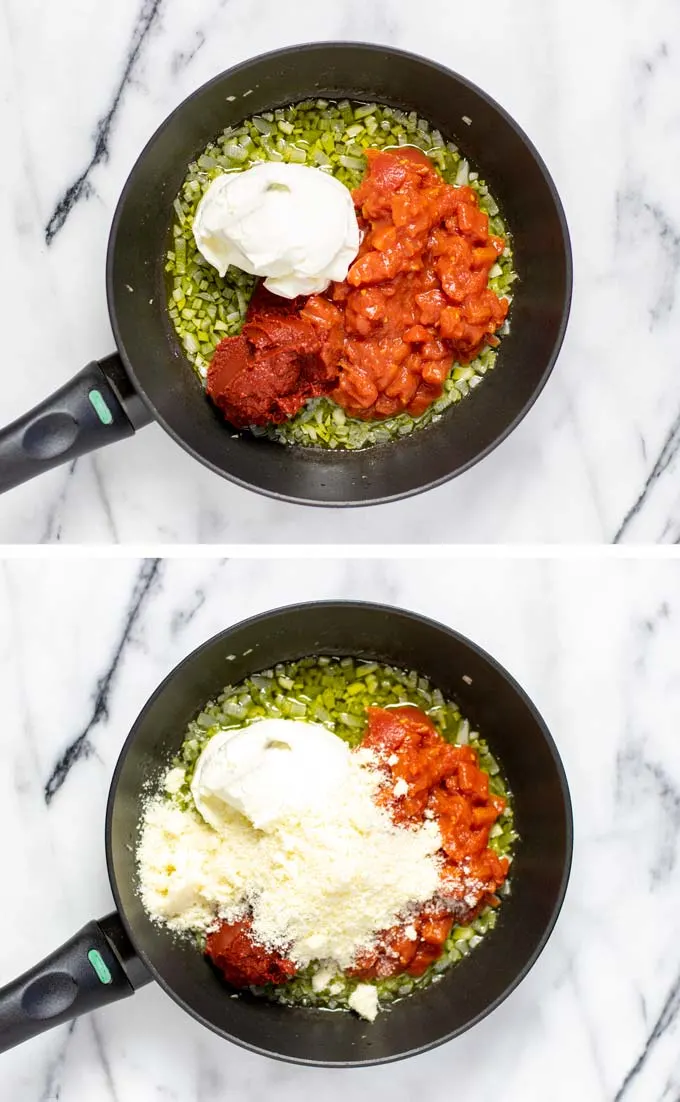 Showing how vegan cream cheese, and parmesan are mixed into the tomato base. 