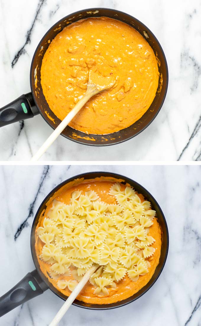 Before and after view of adding the cooked pasta into the creamy tomato sauce.