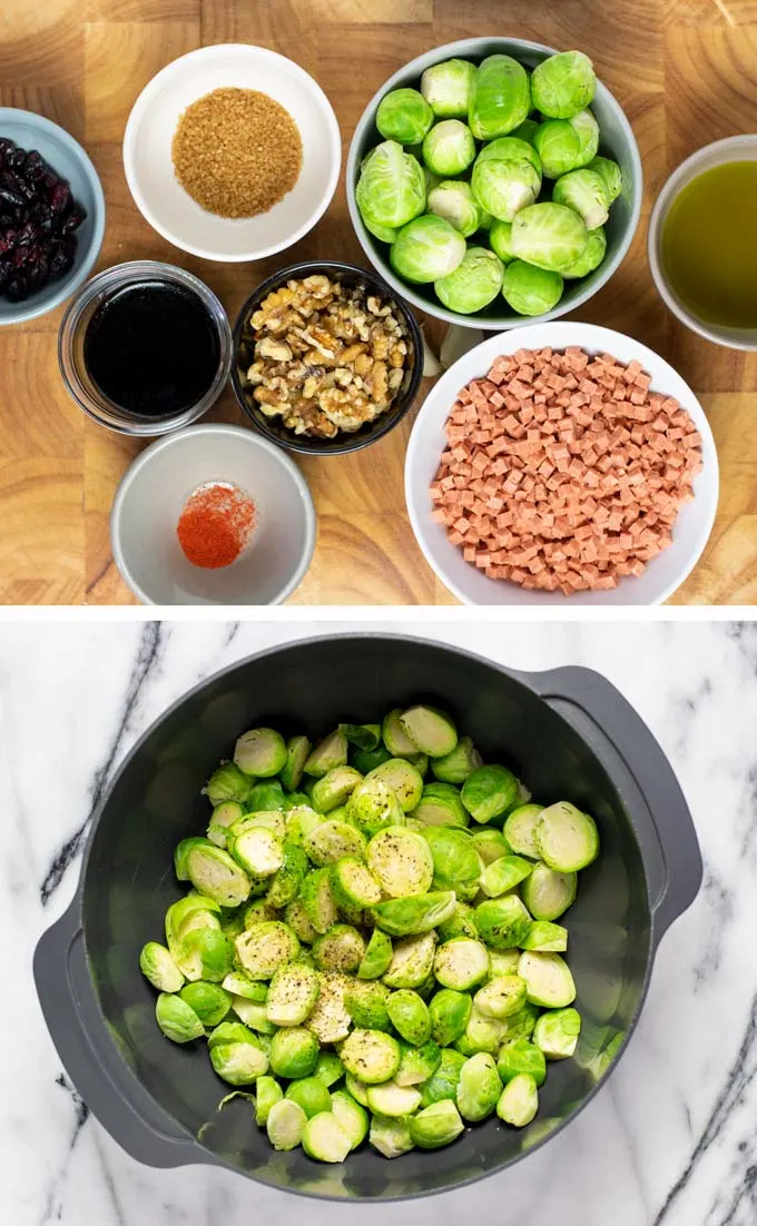 Ingredients needed to make these Crispy Brussels Sprouts collected on a wooden board.