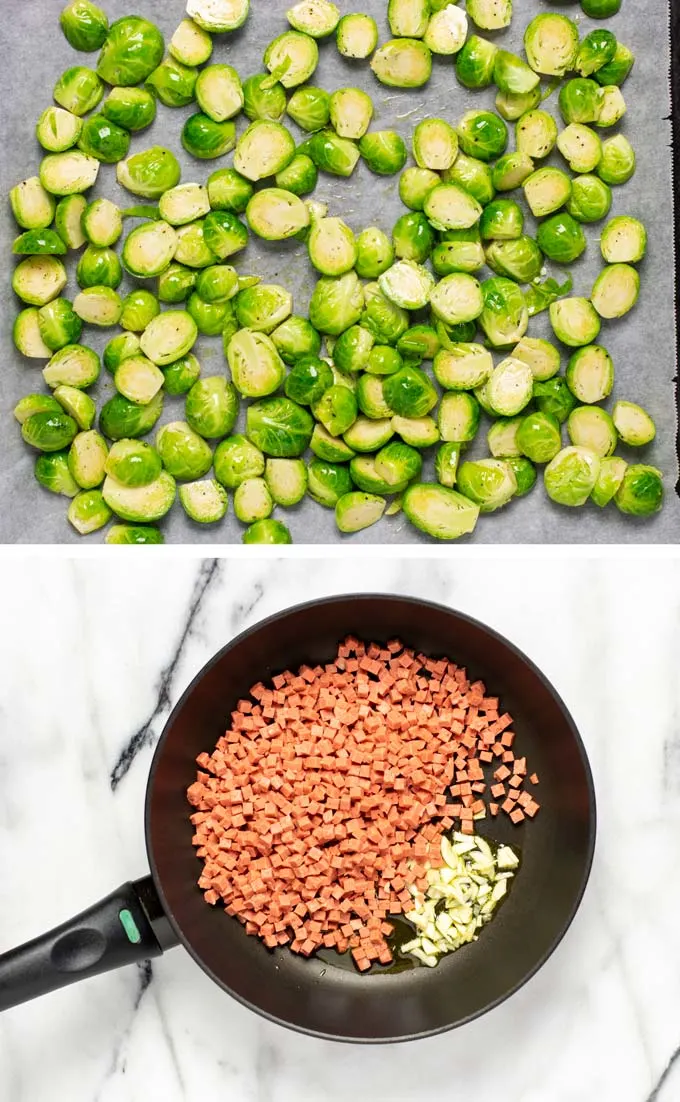 Combination of two pictures showing the Brussels Sprouts on a baking sheet and vegan bacon in a frying pan.