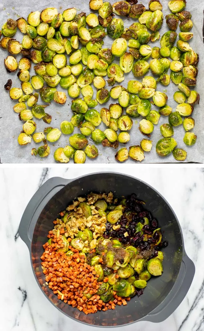 Two pictures showing the roasted Brussels Sprouts and all ingredients mixed in a large mixing bowl.