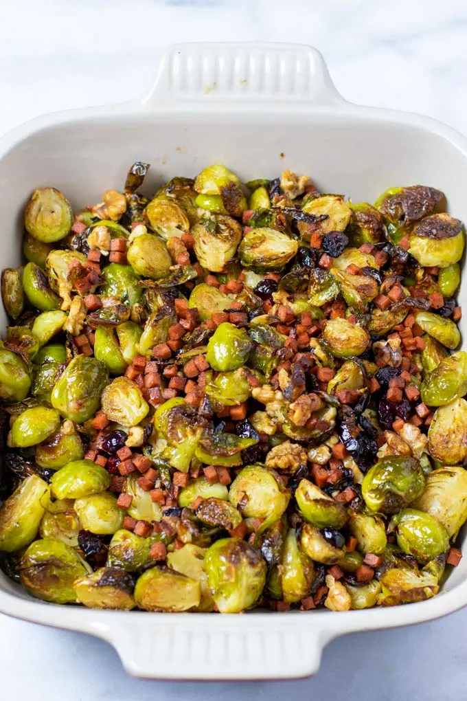 Closeup of the Crispy Brussels Sprouts in a casserole dish.