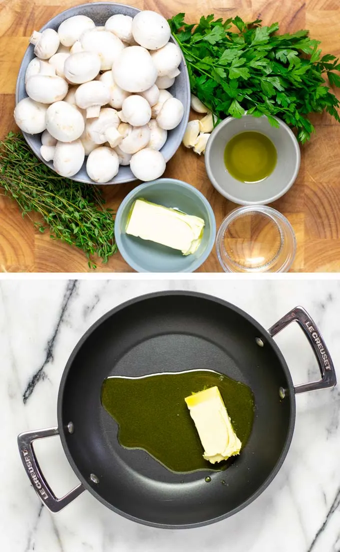 Ingredients needed to make these Garlic Mushrooms are collected on a wooden board.