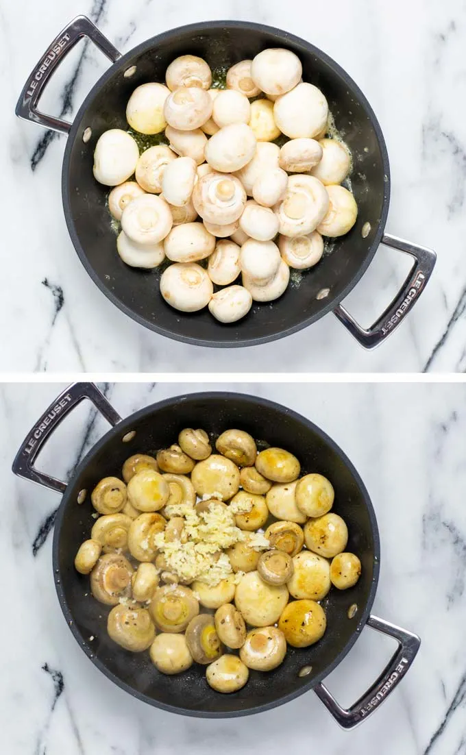 Two pictures showing how the mushrooms are first fried in a mix of butter and olive oil.