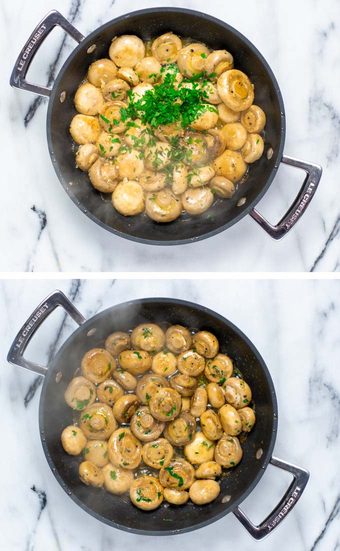 Two pictures showing the addition of garlic and fresh herbs to the frying pan with the sauteed mushrooms.