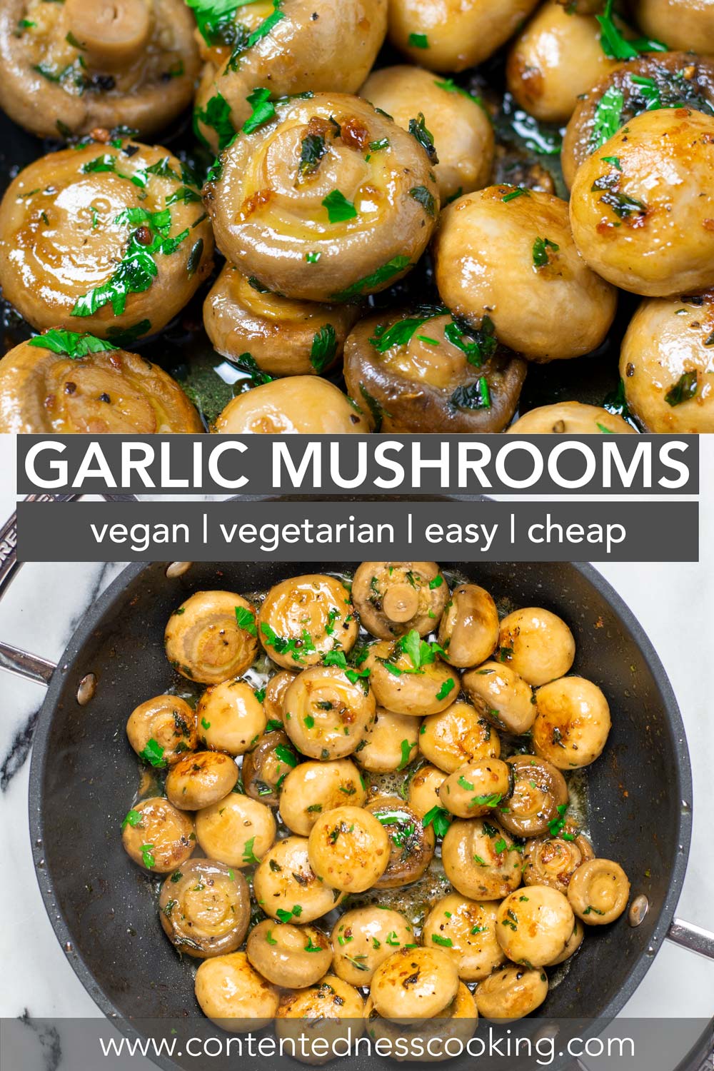 Collage of two pictures of the Garlic Mushrooms with recipe title text.