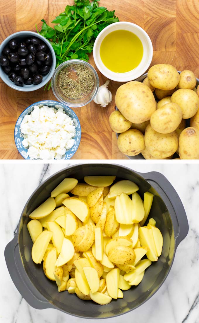 Ingredients needed to make these Greek Fries are assembled on a wooden board.