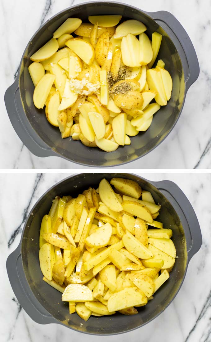 Side by side view of the hand-cut fries being mixed with spices and olive oil.