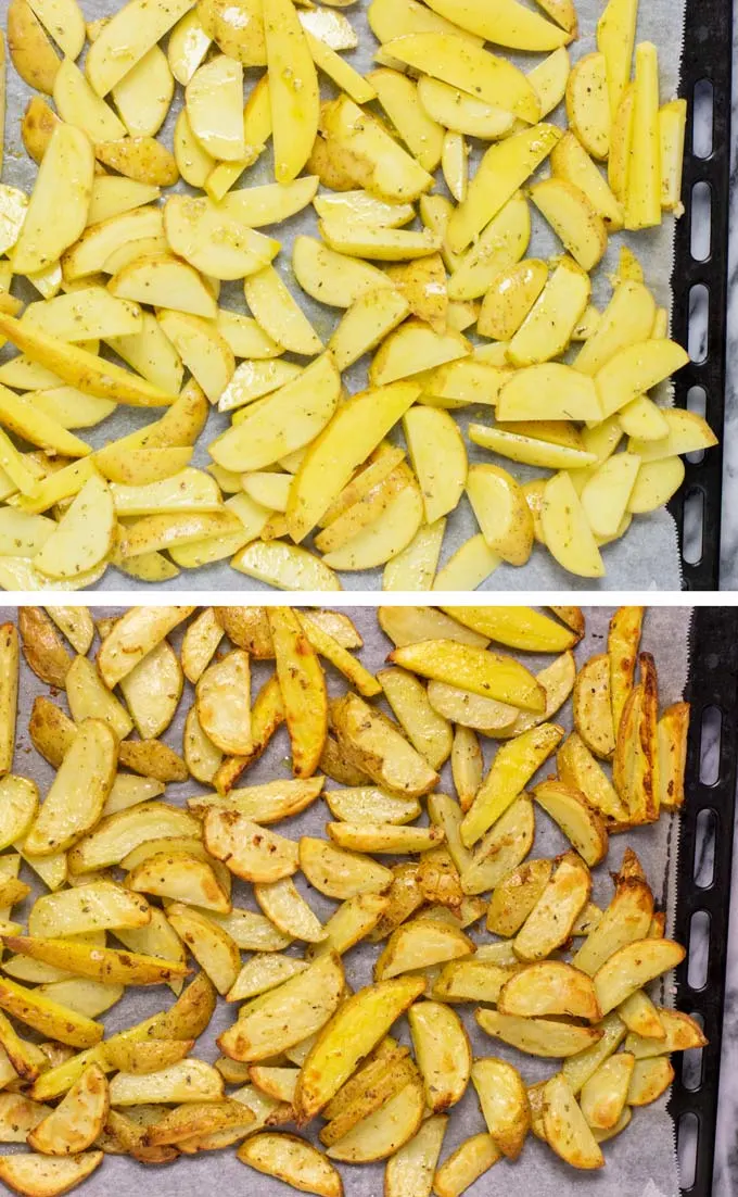 Before and after view of baking the fries on a baking sheet with parchment paper.