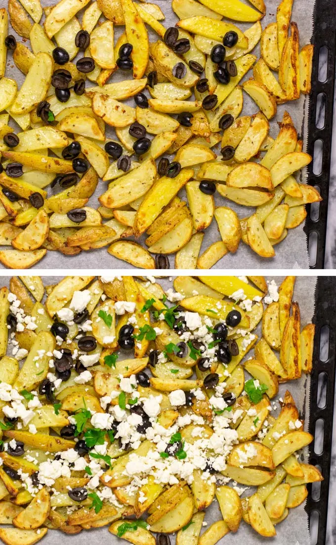 The baked fries are loaded with the Greek toppings such as black olives, vegan feta crumbles and fresh parsley.