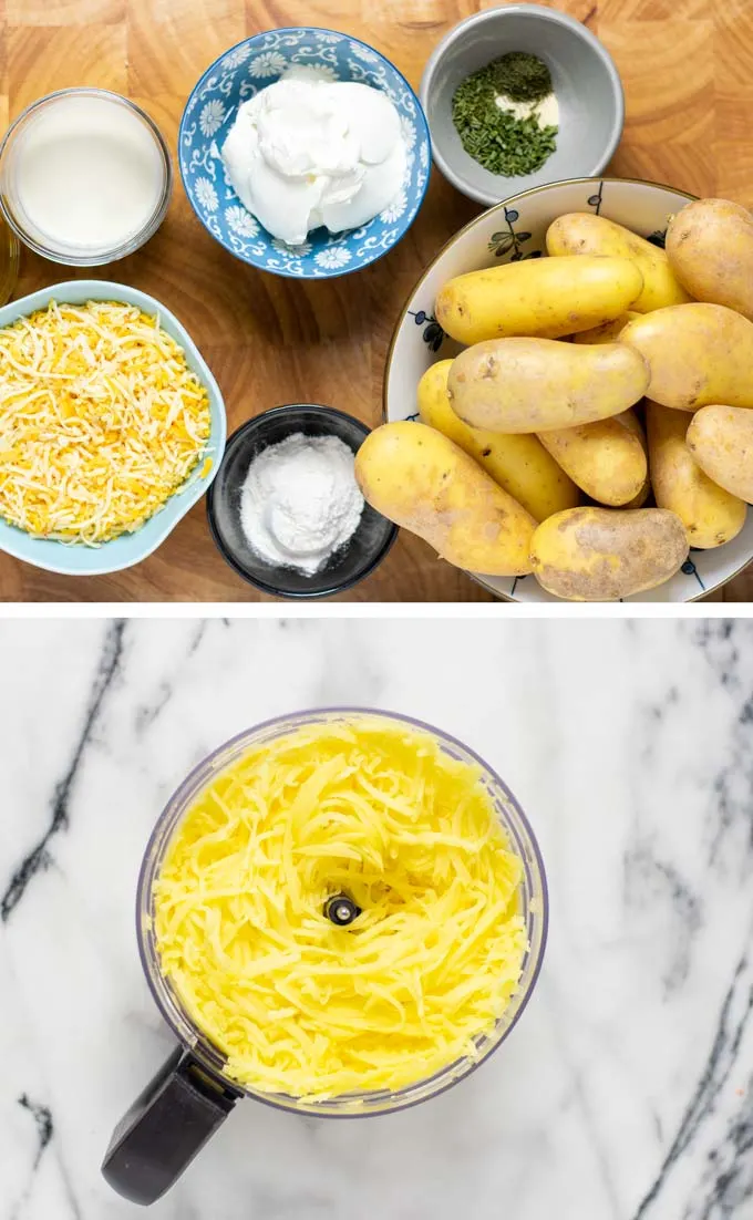 Ingredients for the Hashbrown Potatoes are collected in small bowls on a wooden board.