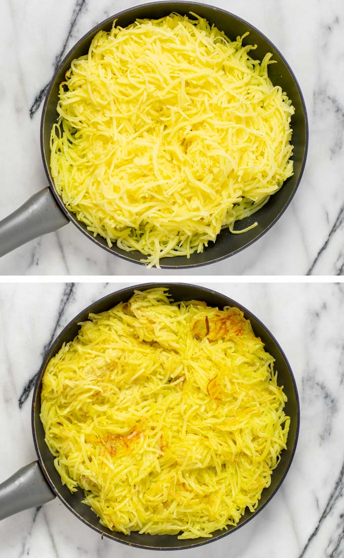 Before and after pictures of pre-frying the grated potatoes in some olive oil.