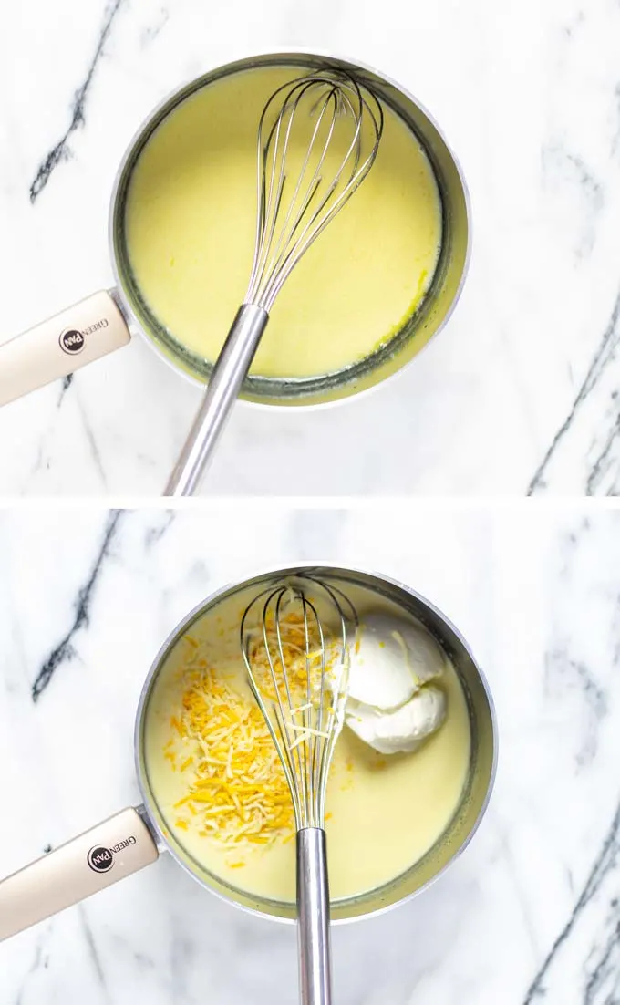 Two basic steps in making the white sauce from scratch: mixing in vegan cheeses.