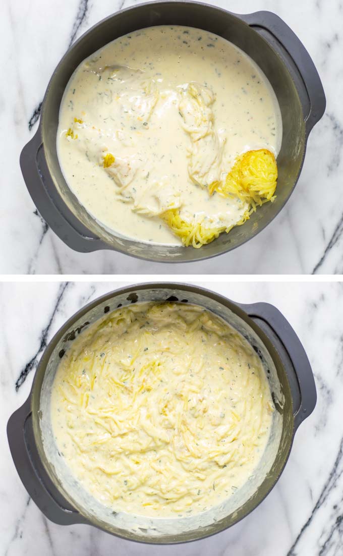 Showing in a large mixing bowl how the pre-fried hashed potatoes and the creamy white sauce are mixed.