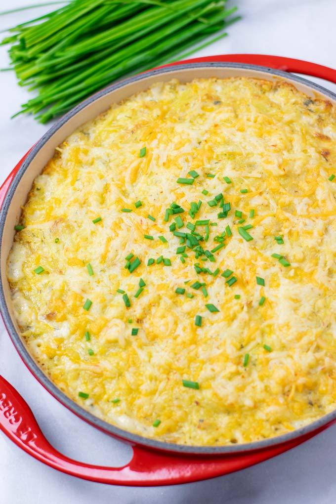 The Hashbrown Potatoes after baking, garnished with some fresh chives.