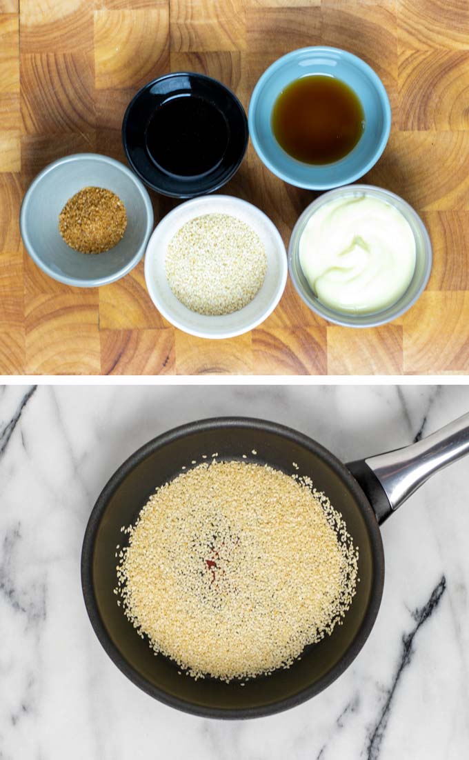 Ingredients needed for making the Roasted Sesame Dressing assembled on a wooden board.